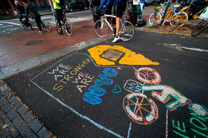 A chalked message on the bike path pays tribute to the victims of the Oct. 31 attack in lower Manhattan.