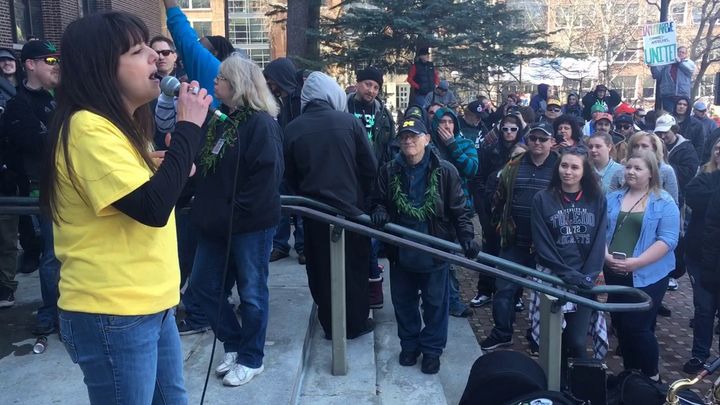<p>Lissa Satori, now employed by Marijuana Policy Project, addresses a crowd at Michigan Hash Bash in 2017</p>