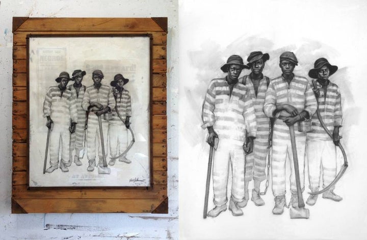 <p>Chain Gang 28" x 36" 71cm x 91cm conti drawing on drafting mylar, mixed media mount on pine wood. Split screen to show original drawing on mylar before placing on top of mixed media. </p>