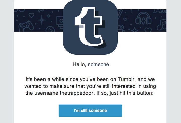 A tumblr message asks users to confirm their account status