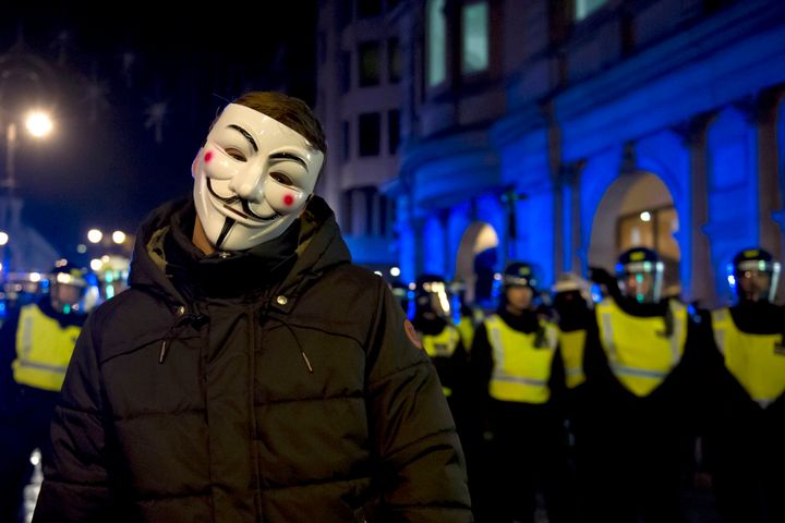 Protestors demonstrate on The Strand, London, during the Million Mask March bonfire night protest organised by activist group Anonymous