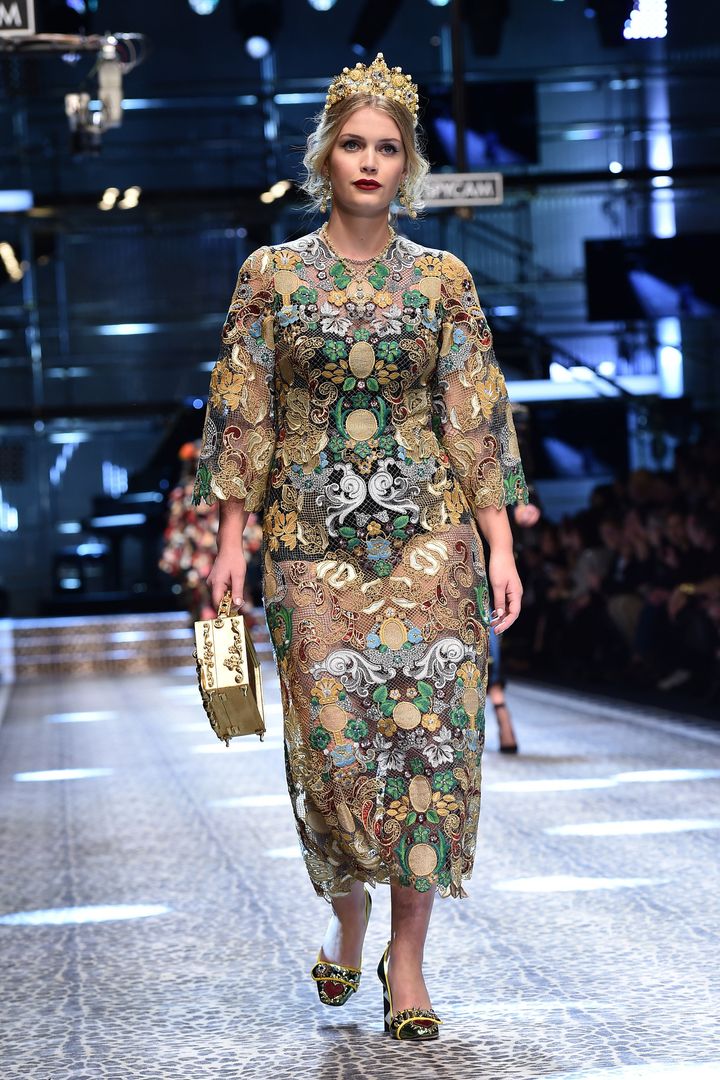 Kitty Spencer walks the runway at the Dolce & Gabbana show during Milan Fashion Week on Feb. 26 in Milan, Italy. 
