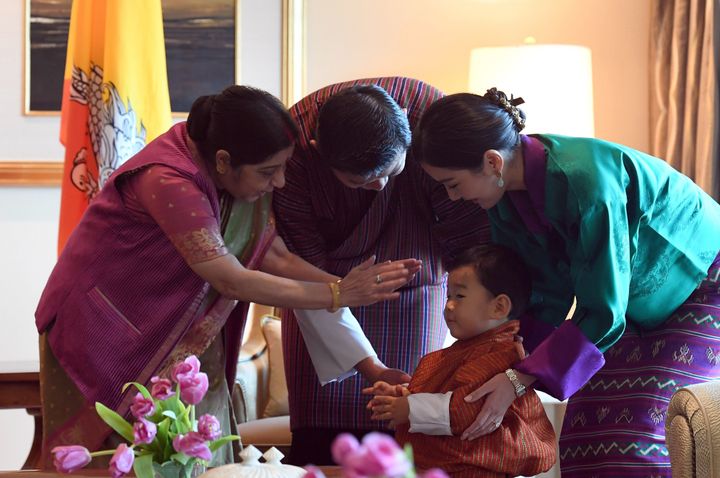Indian foreign minister Sushma Swaraj, Bhutan's prince Jigme Namgyel Wangchuck, Bhutan's King Jigme Khesar Namgyel Wangchuck and Queen Jetsun Pema in New Delhi.