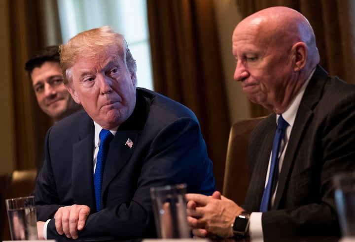 President Donald Trump, flanked by Speaker Paul Ryan and Rep. Kevin Brady, pitches the GOP's tax plan on Nov. 2.