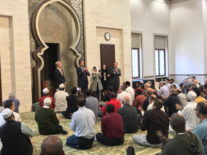 Virginia Democratic gubernatorial candidate Ralph Northam addresses worshippers at a mosque after Friday prayers.