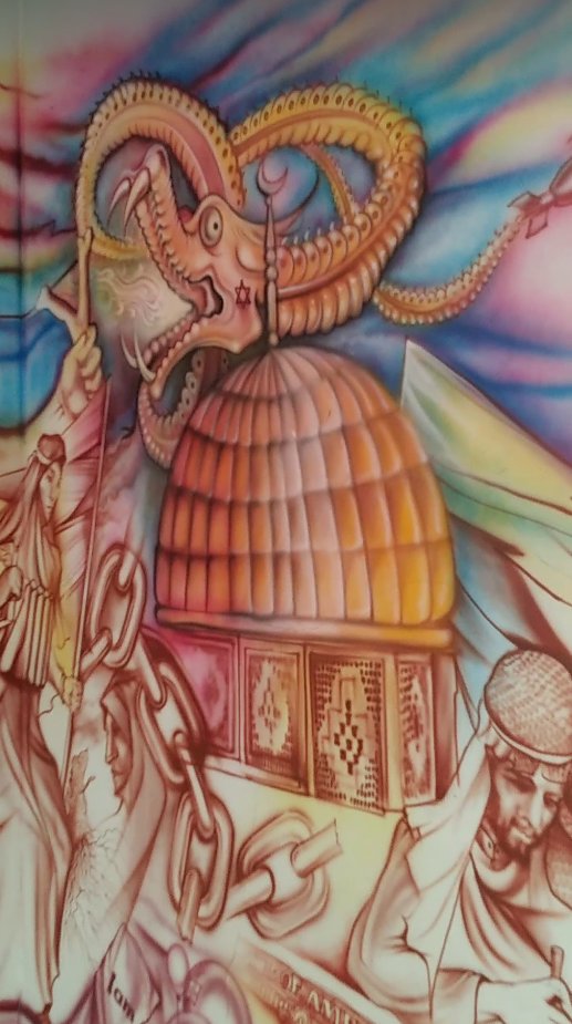 <p>Detail from the floor-to-ceiling murals on the stairways leading to the second floor of the former US Embassy in Tehran. </p>