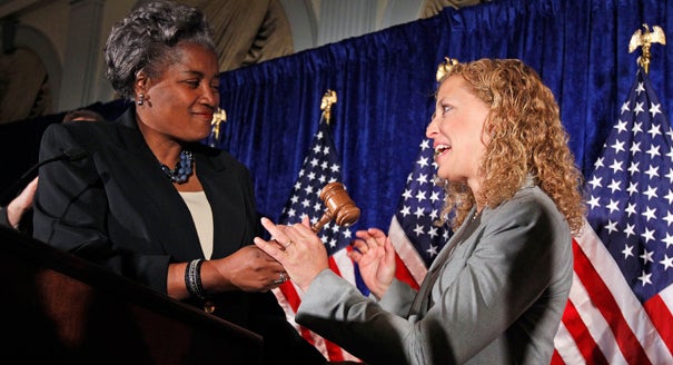 <p>Donna Brazile and Debbie Wasserman Schultz</p>