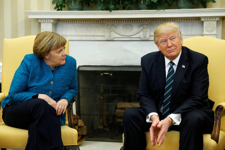 U.S. President Donald Trump meets with German Chancellor Angela Merkel at the White House on March 17.