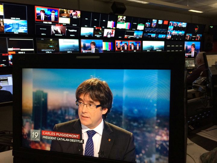Puigdemont on a monitor as he is interviewed on Belgian TV last week.