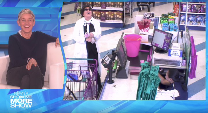 Kris Jenner laughs loudly after telling the cashier, who briefly hid behind the register, that she was being pranked on