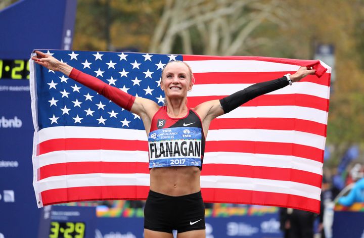 Shalane Flanagan celebrates her victory on Sunday in the New York City Marathon.