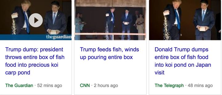 Reports of Trump's fish feeding event focussed on his overzealous pouring technique