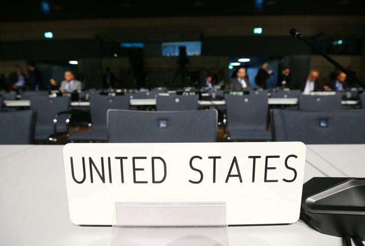 Empty seats of U.S. delegation are seen before the opening session of the COP23 UN Climate Change Conference 2017, hosted by