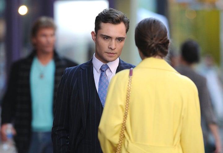 Ed Westwick and Leighton Meester film scenes for "Gossip Girl" in 2012.