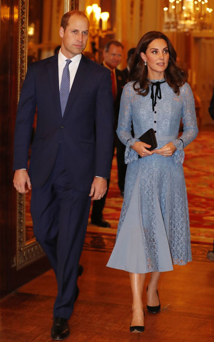 Prince William, Duke of Cambridge and Catherine, Duchess of Cambridge take part in a reception at Buckingham Palace to celebrate World Mental Health Day in central London on 10 October 2017.