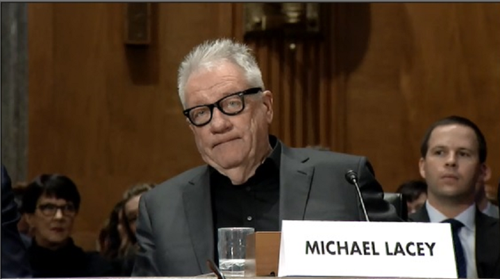 Backpage.com co-founder Michael Lacey declined to answer questions from the Senate Homeland Security and Governmental Affairs subcommittee in January. 