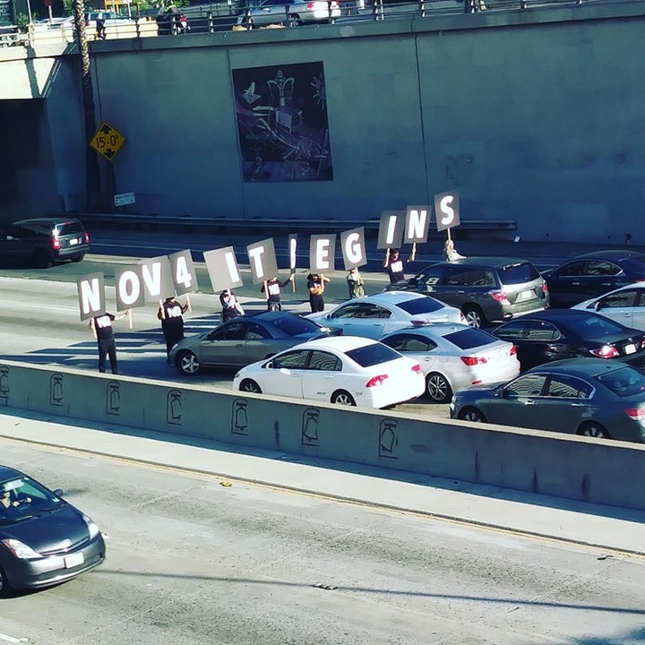 <p>Anti-Trump protesters blocked the four northbound lanes of the 101 Freeway during rush hour on Sept. 26. </p>