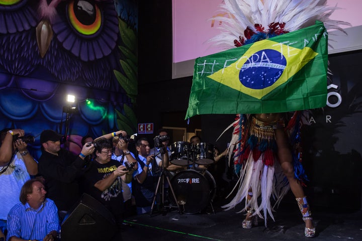 Miss T Brazil 2017 Contestants perform on a stage during the Miss