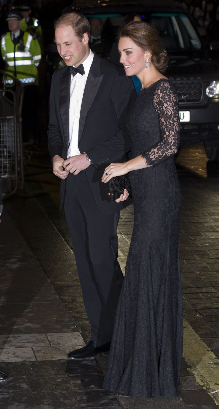 Catherine, Duchess of Cambridge and Prince William, Duke of Cambridge arrive to attend the Royal Variety Performance at the London Palladium Theatre on 13 November 2014. 