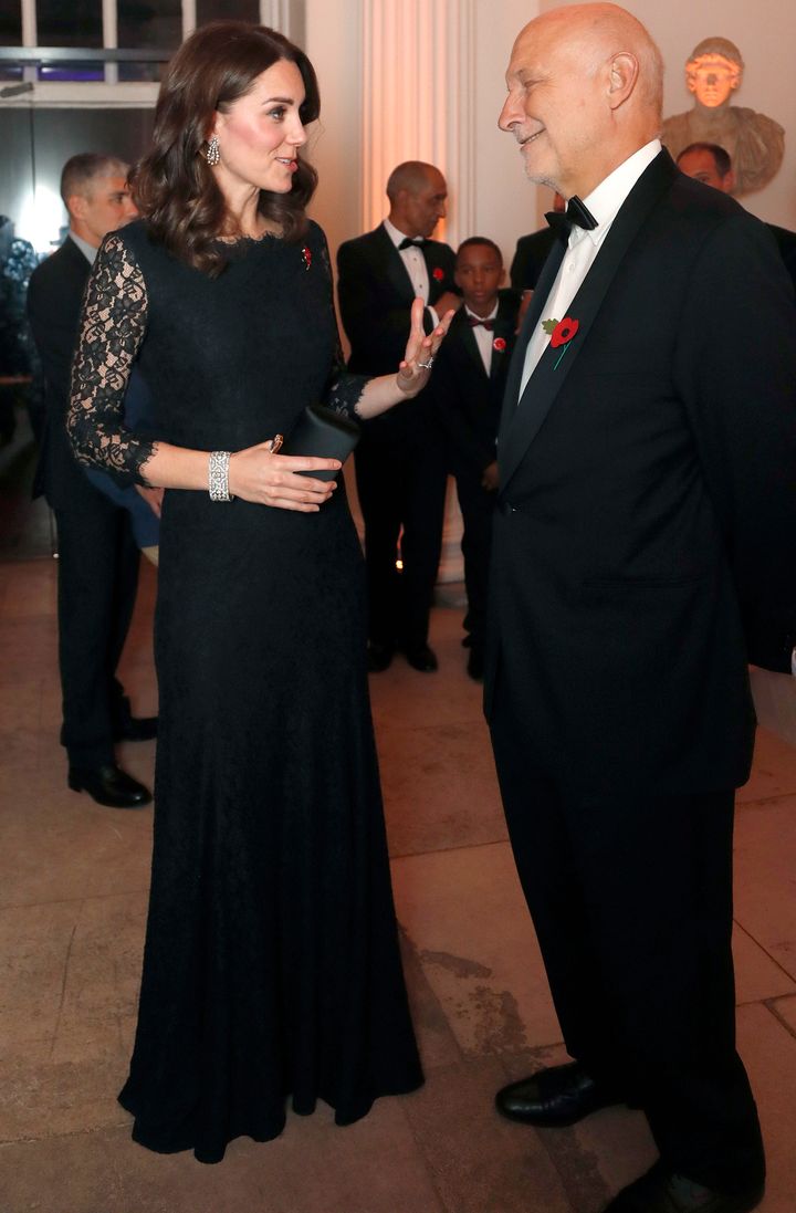 Catherine, Duchess of Cambridge speaks to Peter Fonagy, chief executive and a tutor at The Anna Freud Centre at the 2017 Gala Dinner for The Anna Freud National Centre for Children and Families (AFNCCF) at Kensington Palace on 7 November 2017.