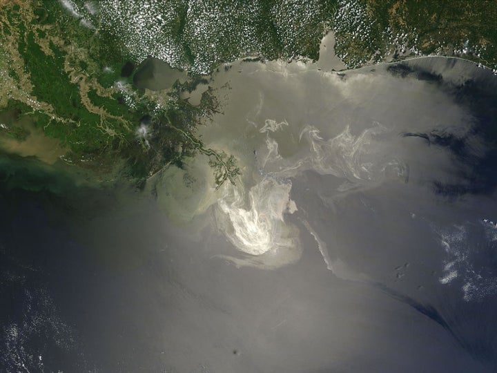 NASA’s Terra satellite photo on May 24, 2010, shows the lingering oil slick from the Deepwater Horizon spill off the Mississippi Delta.