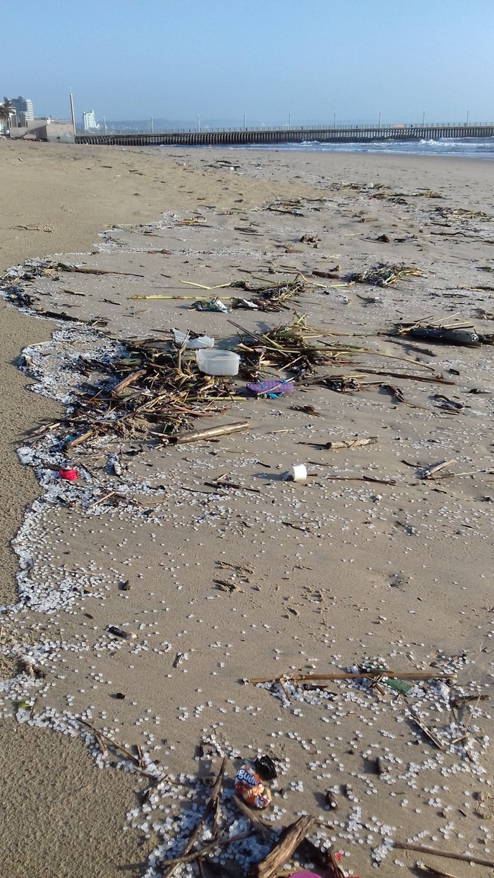 Nurdles washed up along the coastline of Durban, South Africa, after a thunderstorm.