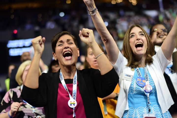 Virginia delegates Hala Ayala (Left) and Eileen Filler (right) celebrate the nomination of Vice Presidential Candidate Tim Kaine during the third day of the Democratic National Convention in Philadelphia on Wednesday, July 27, 2016. 