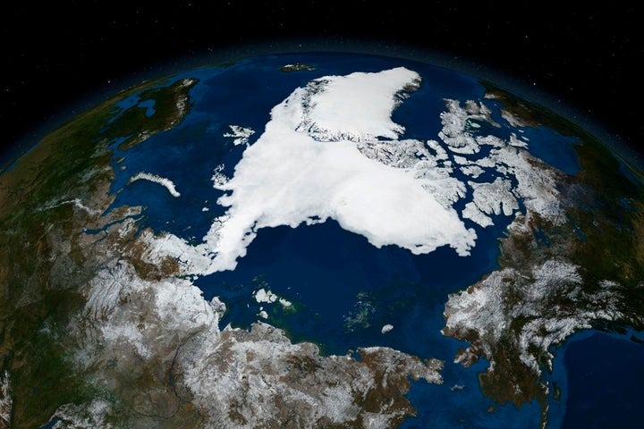 A satellite image of Arctic sea ice at record-low levels in 2007.