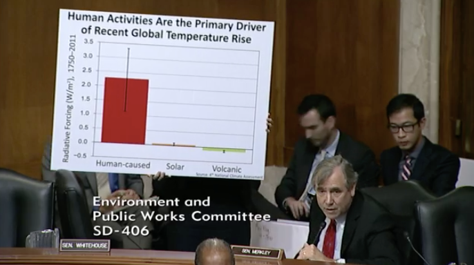 A staffer for Sen. Jeff Merkley (D-Ore.) holds up a sign citing data from the federal government's latest climate change report, released by the Trump administration.