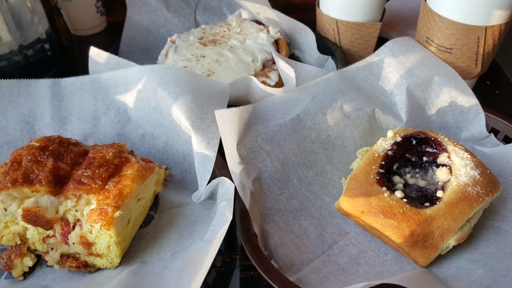 <p>Blueberry kolache, cinnamon roll, and egg casserole at Nashville’s Yeast Bakery</p>