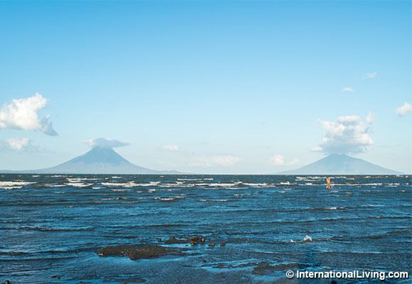 <p>View of Ometepe Island with Concepcion Volcano on the left and Maderas Volcano on the right. Photo taken from the shore of lake Nicaragua near the small town of Rivas. Lake Nicaragua, Nicaragua.</p>