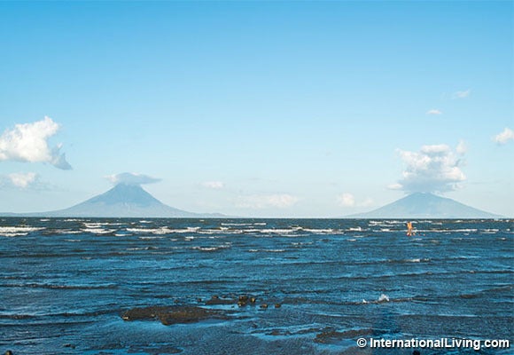 View of Ometepe Island with Concepcion Volcano on the left and Maderas Volcano on the right. Photo taken from the shore of la
