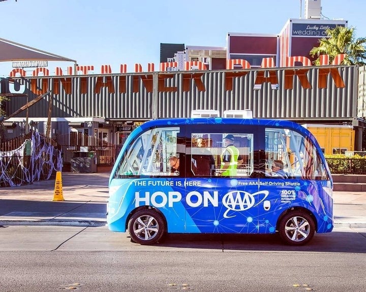 This driverless vehicle was involved in a fender bender during its first ride around Las Vegas on Wednesday.