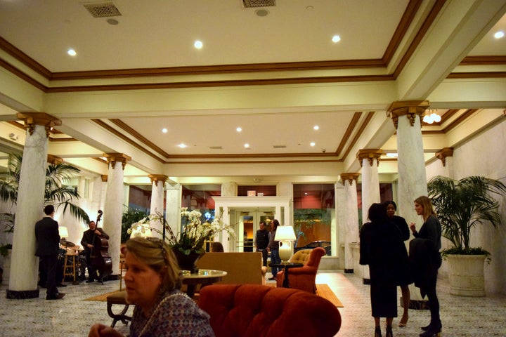 <p>in the lobby of the Capital Hotel</p>