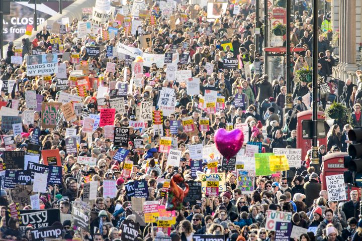 Women march for equality in London in the wake of the 2016 US election result.