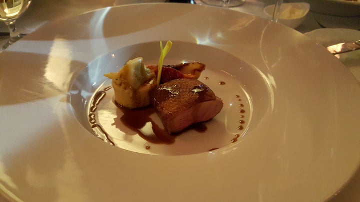 <p>Roast duck breast with agnolotti, roast local peach, seven spice jus at Little Rock’s Capital Hotel</p>
