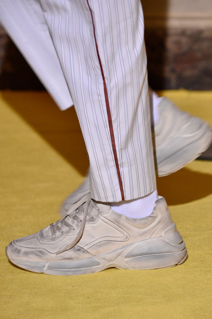 A model, shoe detail, walks the runway at the Gucci Cruise 2018 show at Palazzo Pitti on May 29, 2017 in Florence, Italy.