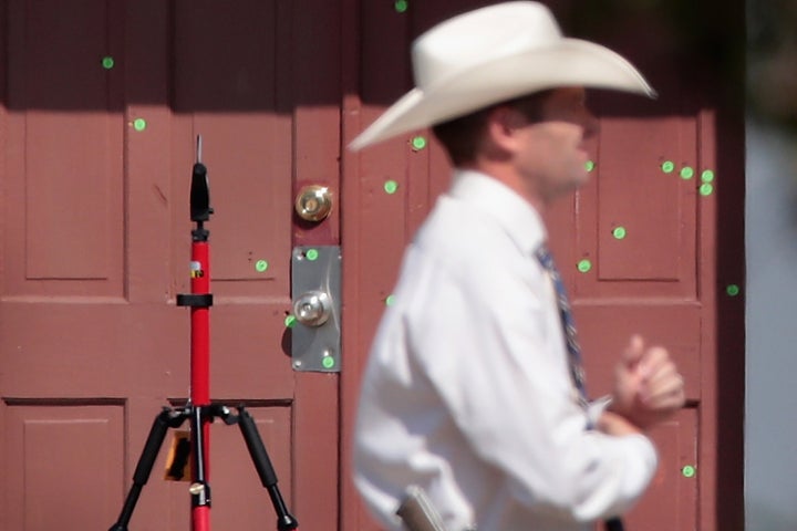 The front door of the First Baptist Church of Sutherland Springs is seen ridden with bullet holes following the Nov. 5 s