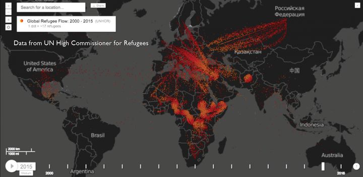No Wall Will Stop Them: The map shows the world flow of refugees in 2015, including refugees fleeing the civil war in Syria, where climate-related drought is believed to have been a factor in the war’s beginning.