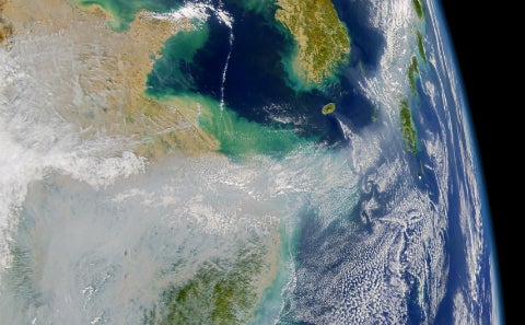 Industrial pollution from China drifts across the Pacific Ocean toward the West Coast of the United States. This NASA photo i