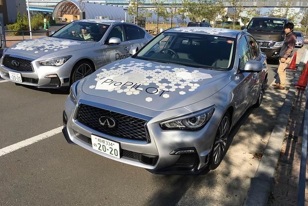 Nissan/Infiniti test vehicles equipped with a self-driving ProPilot system. These cars can negotiate real-world traffic and obstacles without human intervention. 