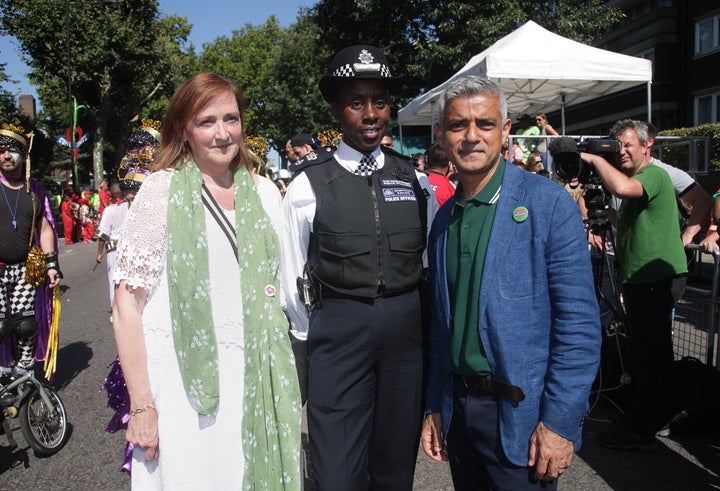 Kensington's Labour MP Emma Dent Coad with London Mayor Sadiq Khan and a police officer during the post-Grenfell fire Notting Hill Carnival 