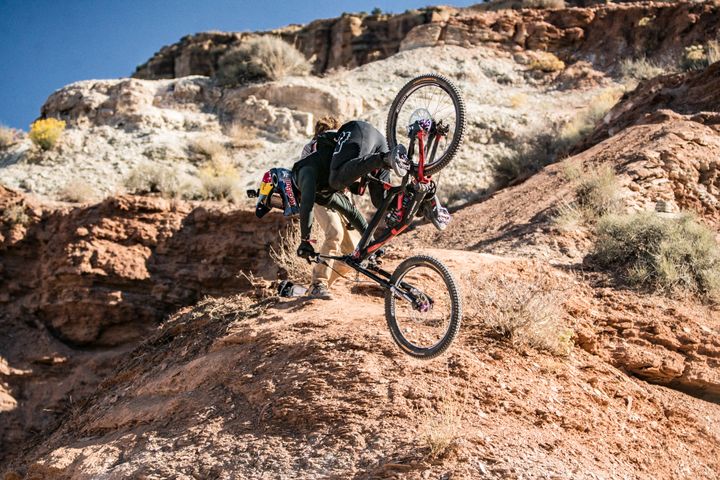 <p>Andreu Lecondeguy completes the rotation of a flat-spin-450 midway through his first run. Another former victor of Rampage, Andreu also spent time as a pro freestyle motocross rider.</p>