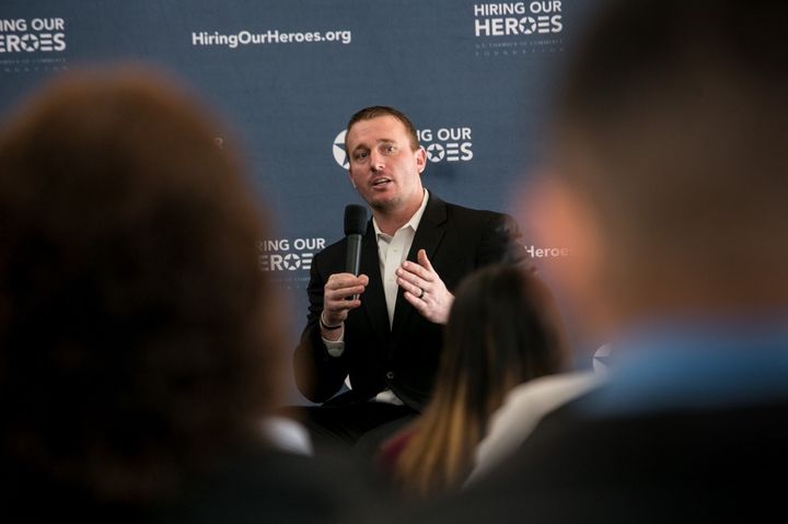 Dakota Meyer discusses veteran employment and retention topics with Texas employers at a Hiring Our Heroes event in Dallas, TX.