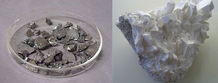 Left: Boron crystals. Right: Borax (sodium borate; sodium tetraborate) crystals.