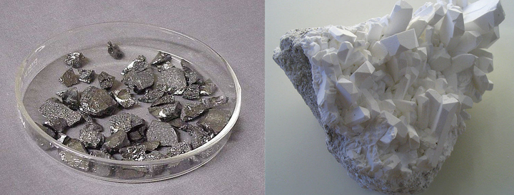<p><em>Left: Boron crystals. Right: Borax (sodium borate; sodium tetraborate) crystals.</em></p>