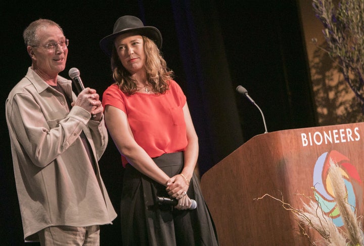 Marin Carbon Project co-founderJohn Wick and strategic adviser Calla Rose Ostrander addressing the 28th annual Bioneers Conference in the Marin Civic Center, October 22, 2017.