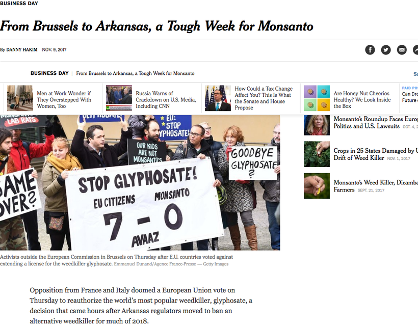 <em>A screenshot of a NYT story. The European Union refused to authorize glyphosate; Arkansas banned another weedkiller, dic