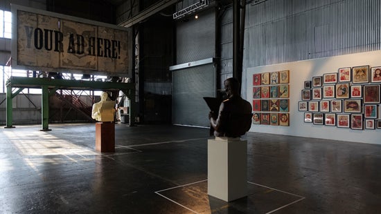 Back gallery, Your Ad Here Billboard with Sculpture & Pedestal Assemble below, Manifest Density - Rust Never Sleeps (in foreground); Manifest Density - C.R.E.A.M. & Slick (in background)