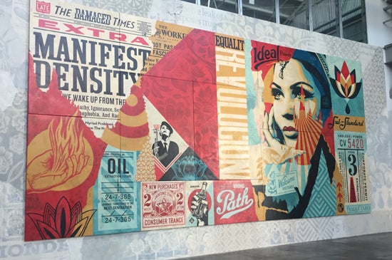 Shepard Fairey, Wrong Path (2017) mixed media (stencil, silk screen, and collage) on oversized canvas “not framed” 175h x 360w in (444.5 0h x 914.40w cm) $500,000